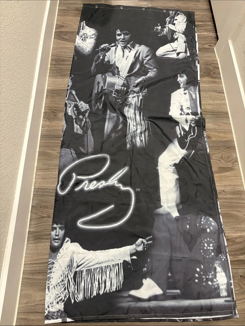 Black Graphic Elvis Presley shower curtain with Signature Print